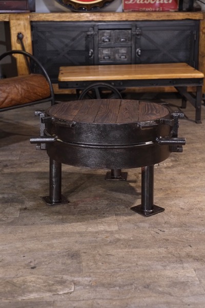 table basse ronde industrielle metal et bois